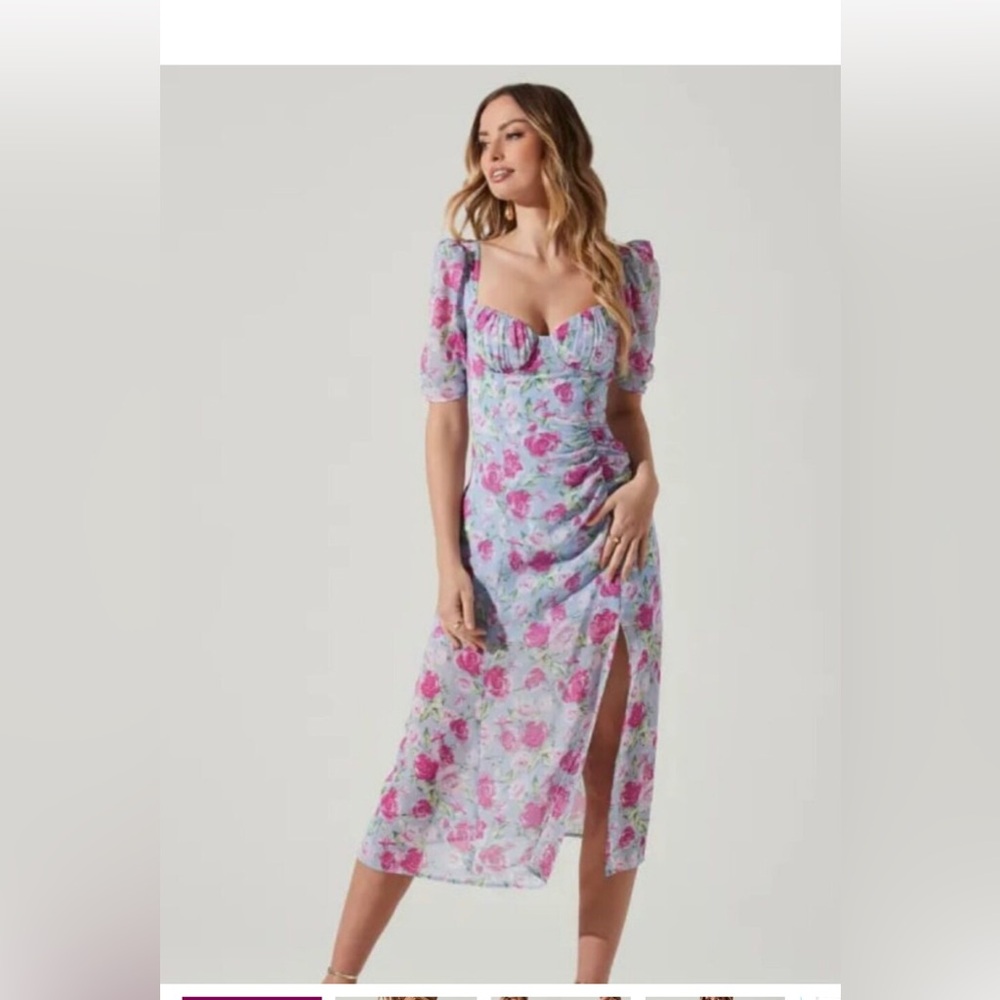 New ASTR The Label Bustier Floral Chiffon Midi Dress Blue Multi M - Picture 1 of 10